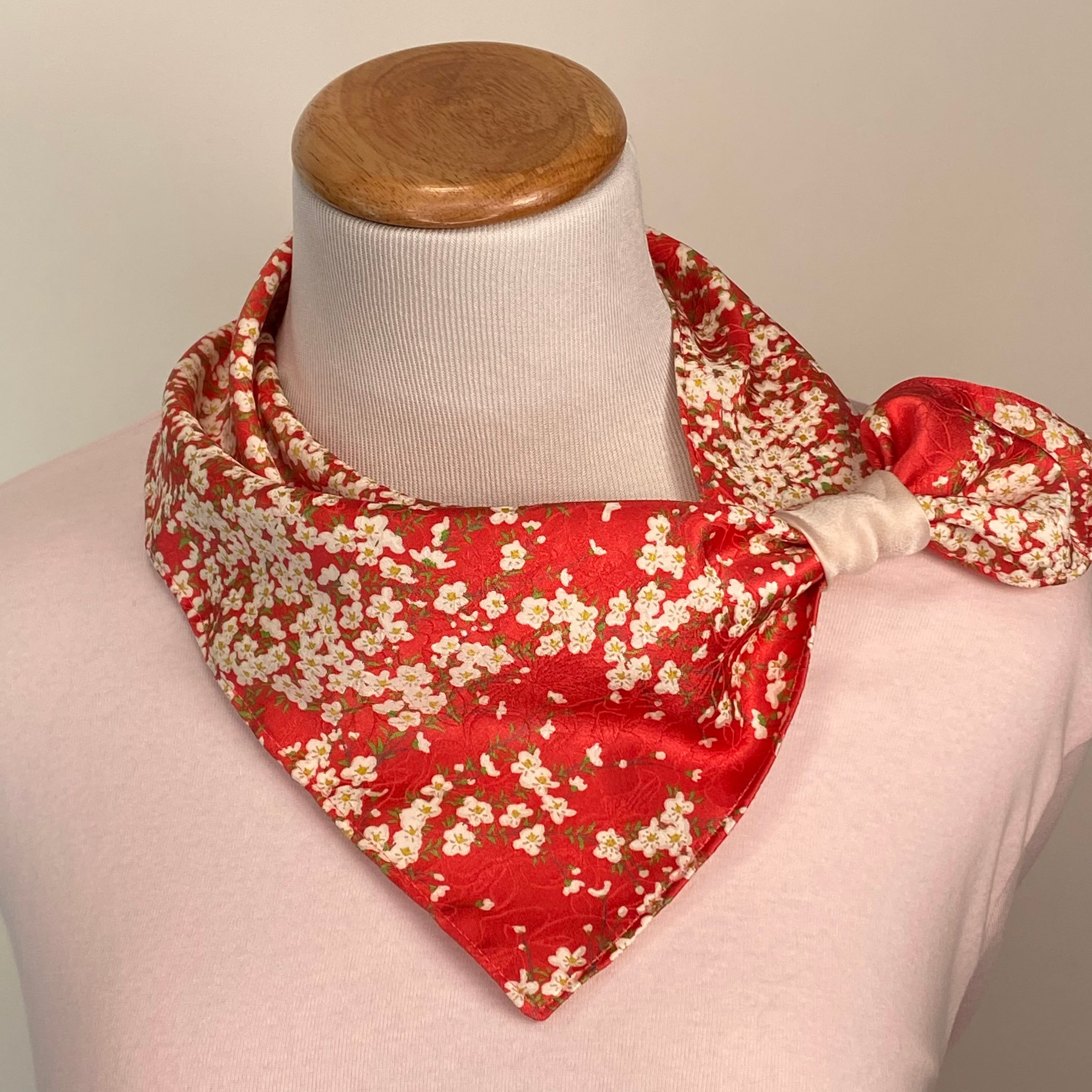 Vintage Silk Kimono Scarf Cherry Blossoms on Red